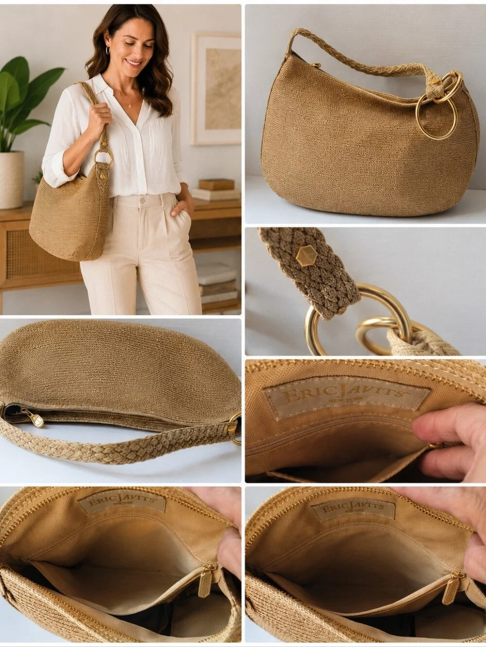 Eric Javits Squishee Tan Woven Hobo Shoulder Bag Gold Ring EUC